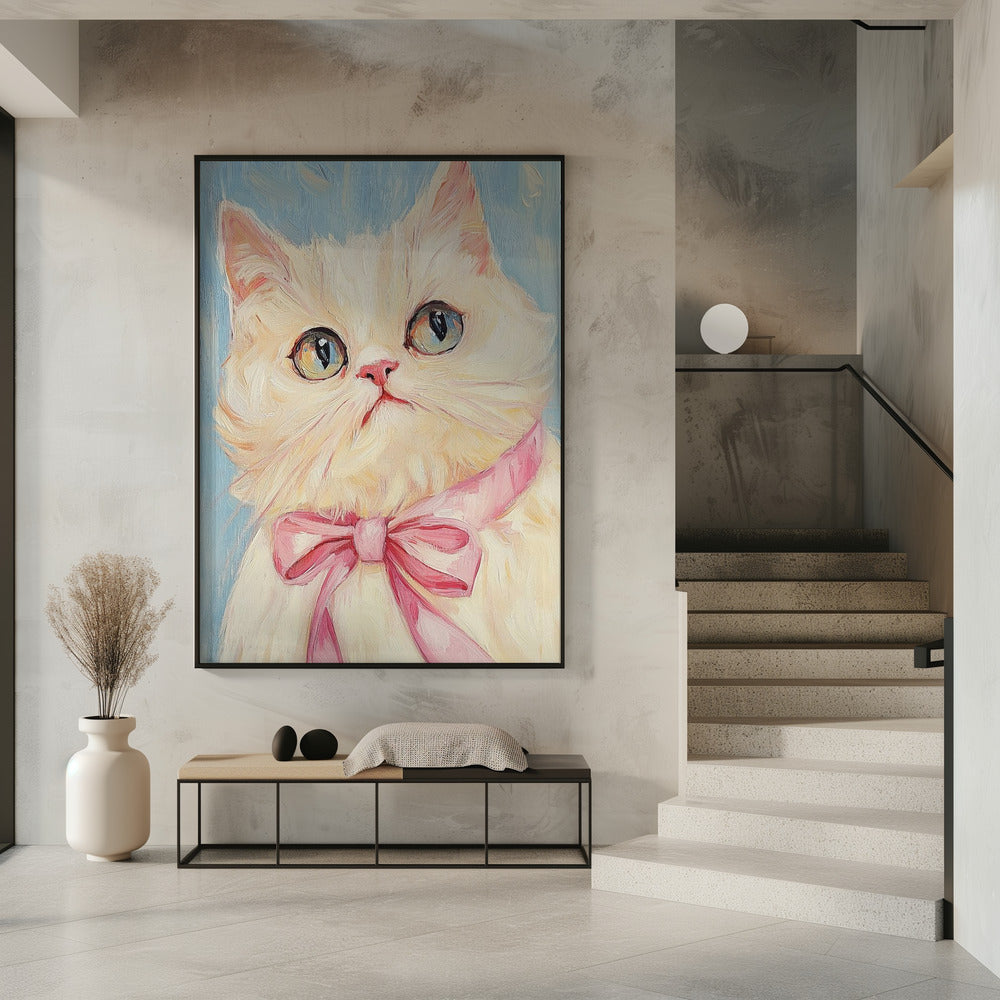 Rosa Schleife Weiße Katze | Poster
