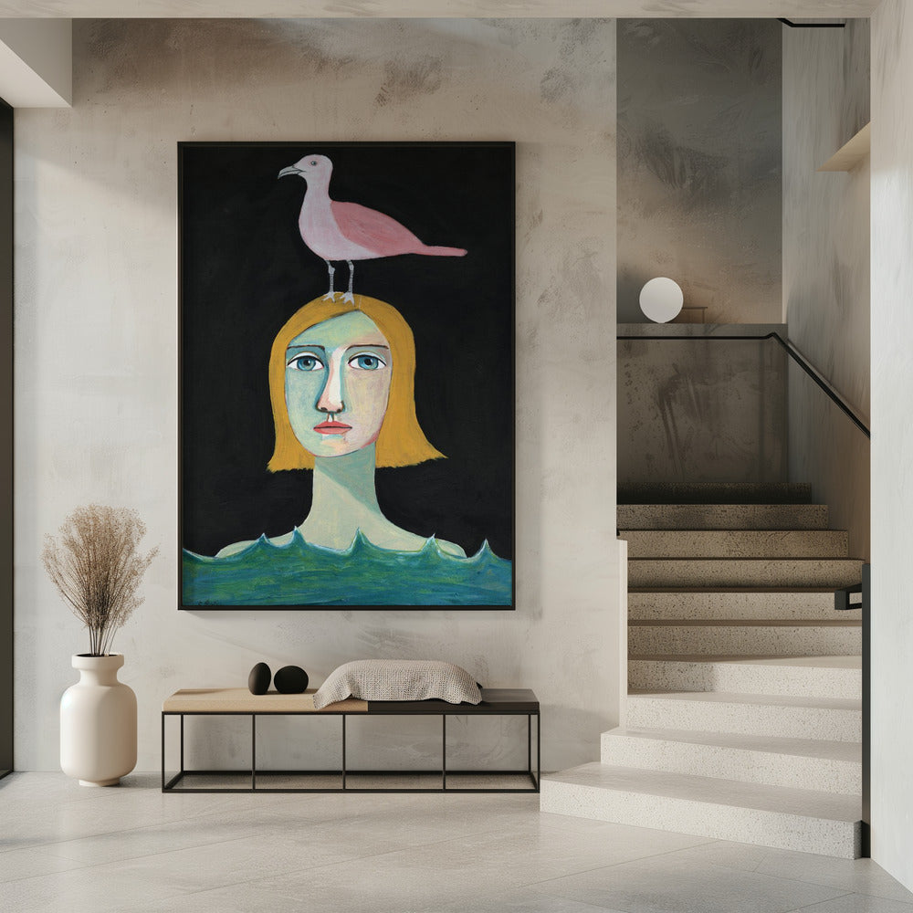 Swimming Girl with Pink Seagull | Poster