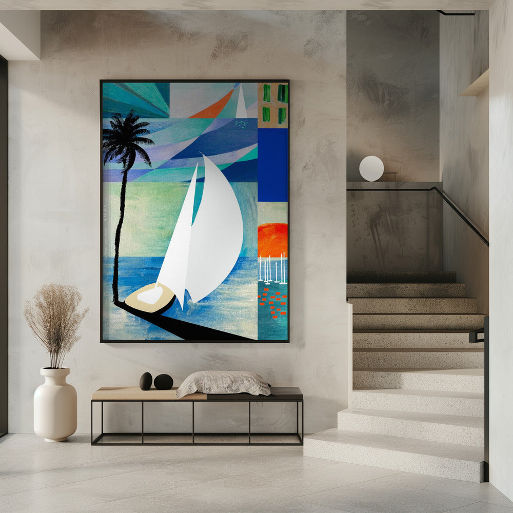 Farbenfroher mediterraner Reisekunstdruck mit Sonnenaufgang und Palme | Poster