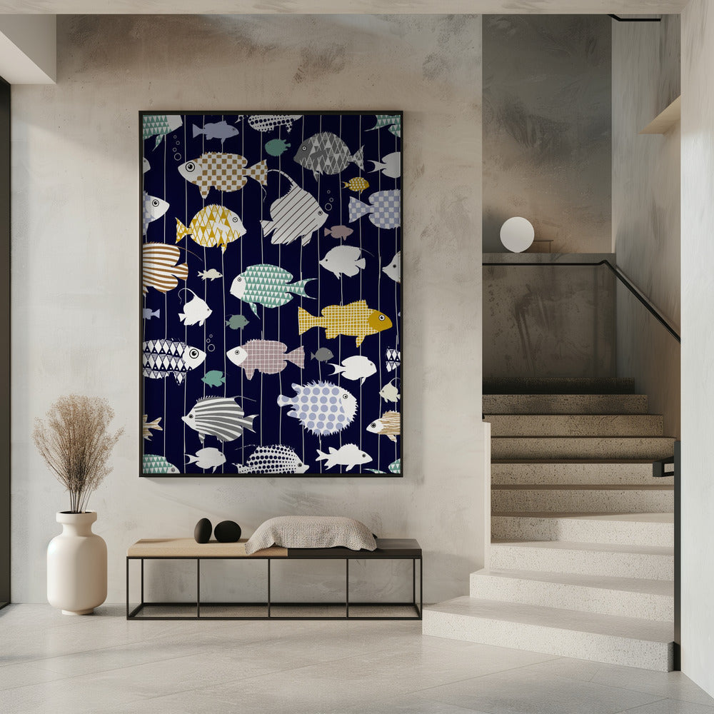 Fresh fish on dark navy blue pattern | Poster