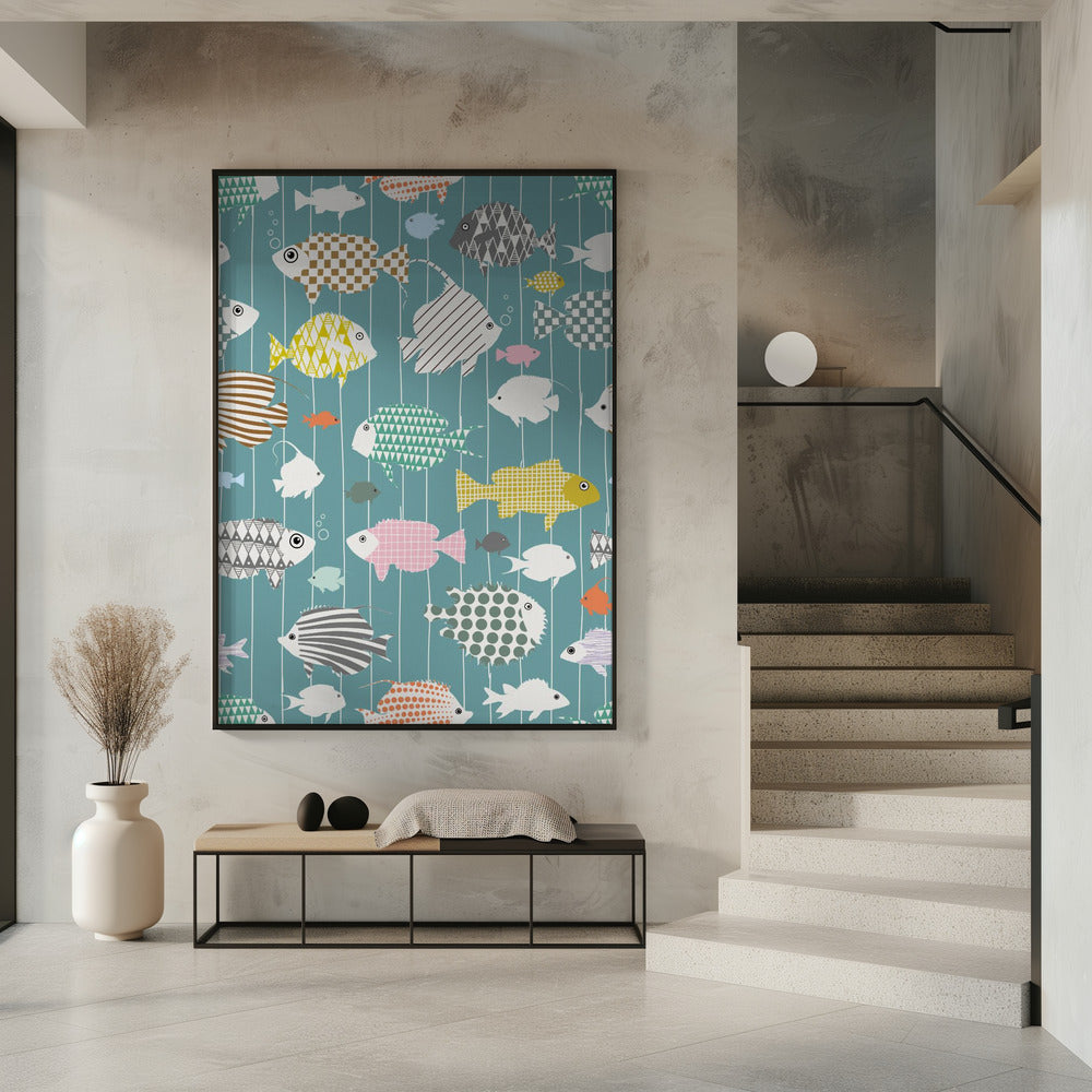 Frischer Fisch auf blaugrünem Muster | Poster