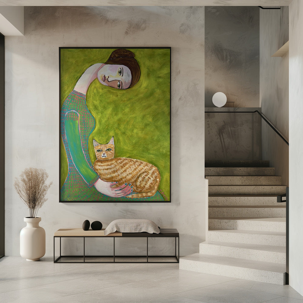 Bent Neck Lady mit ihrer geliebten roten Katze. | Poster