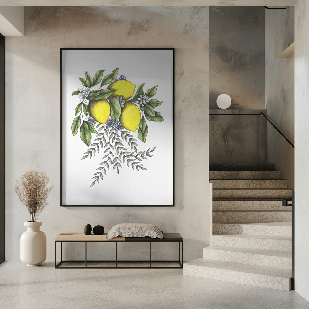 Zitronen und grüne Blätter mit zarten weißen Blüten | Poster