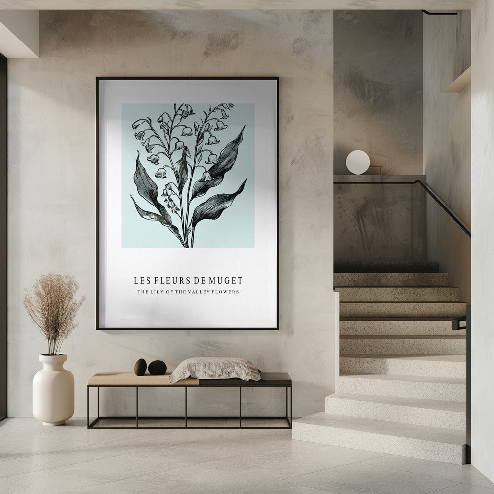 Maiglöckchenblüten in einer monochromen Illustration | Poster