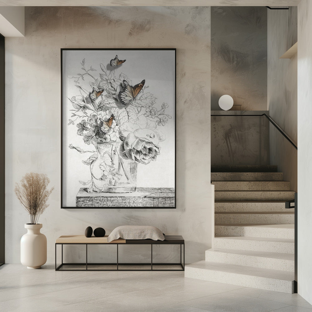 Die Schmetterlinge und die Vase mit Blumen | Poster