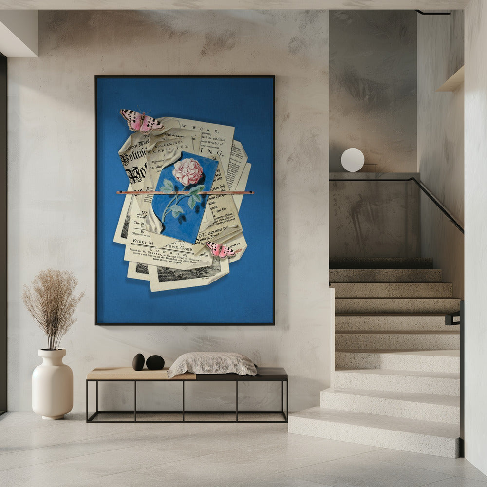 Pink Rose Surrounded By Vintage Paper | Poster