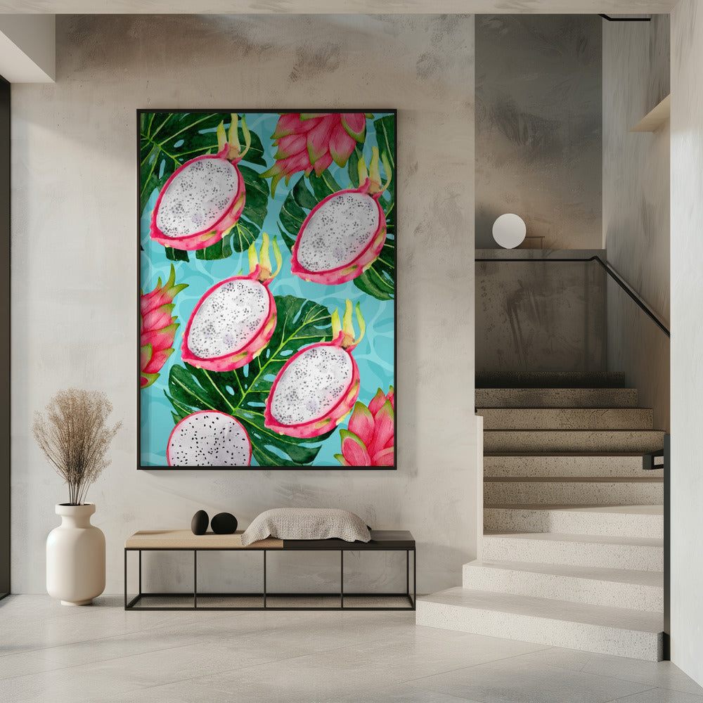 Lebendiges ästhetisches Muster aus Drachenfrucht und Monstera-Blättern – Exotisches tropisches Aquarell | Poster