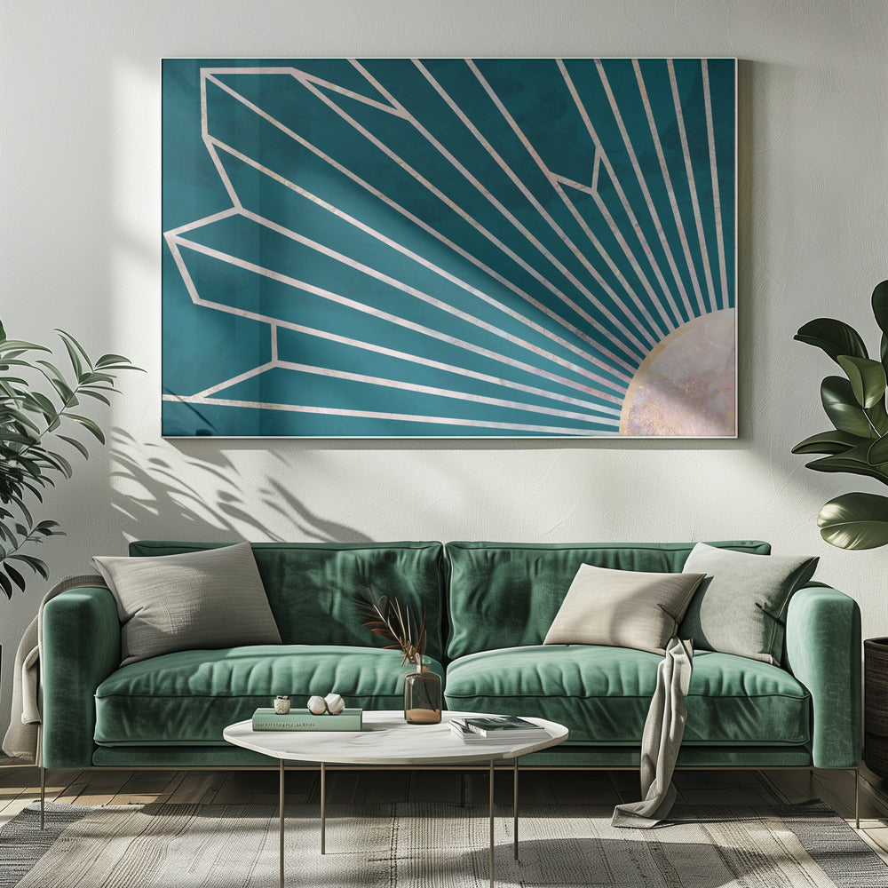 Goldene geometrische Sonnenstrahlen Wandbild türkis | Leinwand