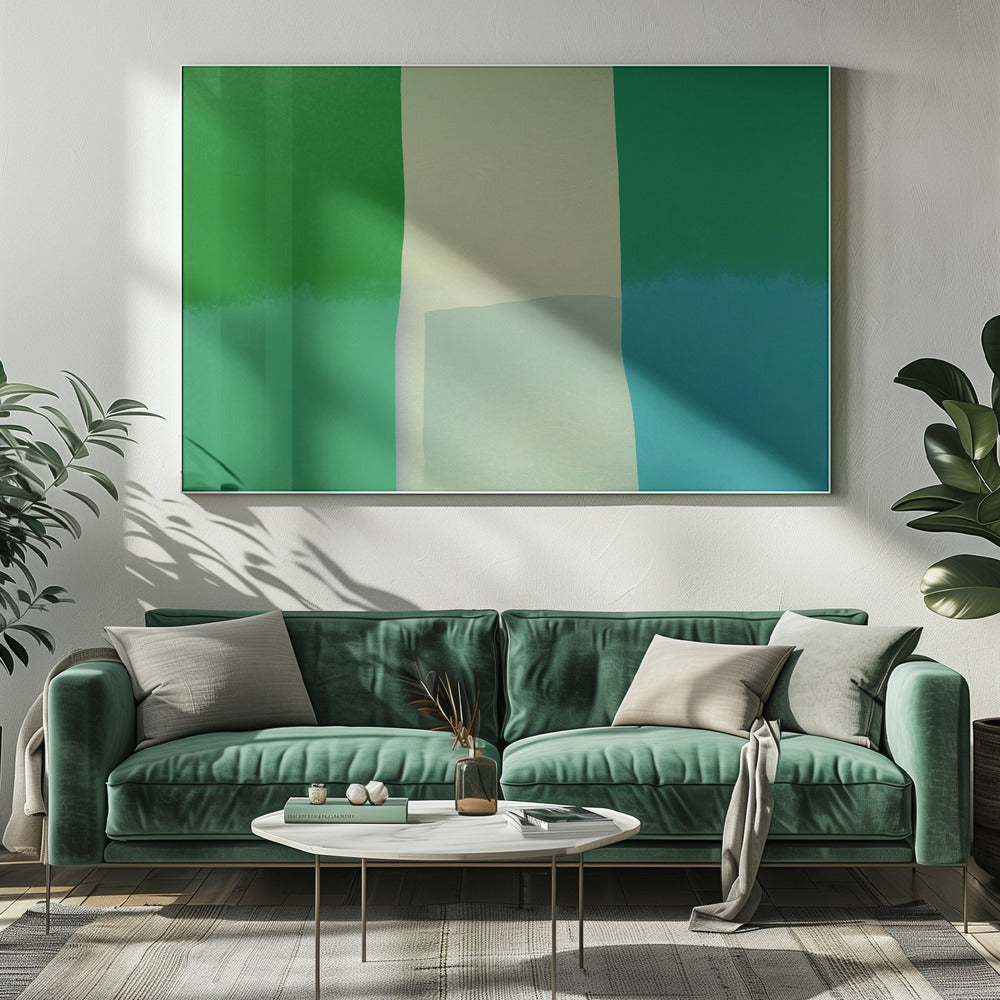 Minimalistische Komposition mit leuchtenden Grün- und Blautönen | Leinwand