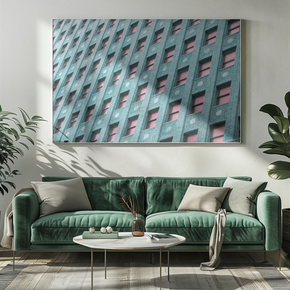 Backsteingebäude mit rosa Fenstern | Leinwand