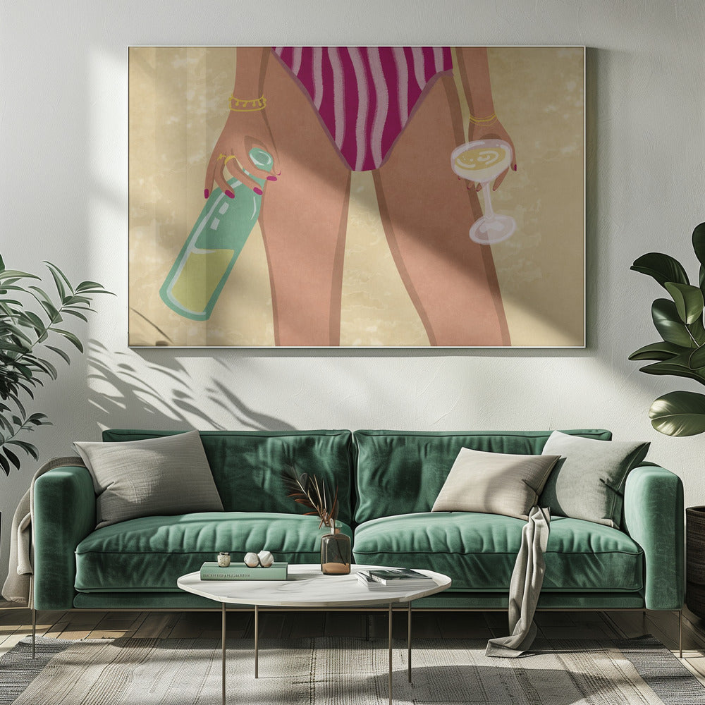 Mädchen mit Wein am Strand | Leinwand