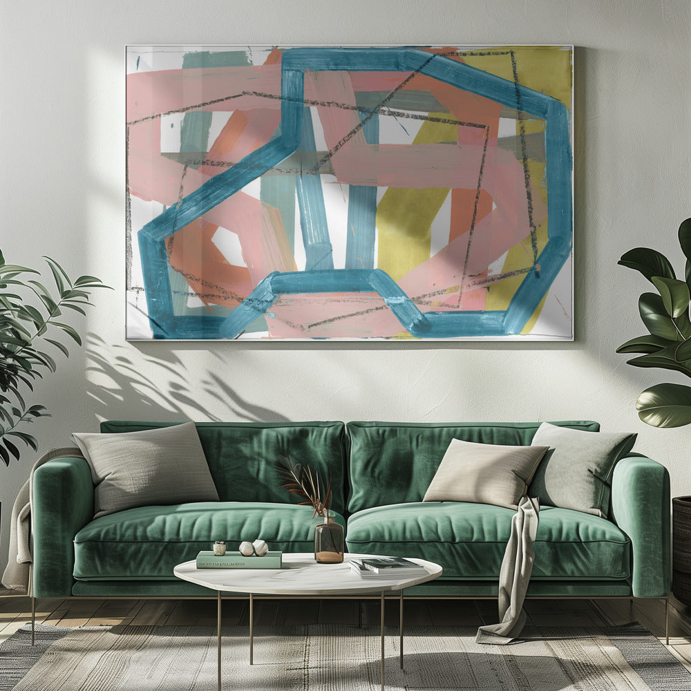 Abstrakte Linien in Blau und Rosa | Kunstdruck auf Leinwand