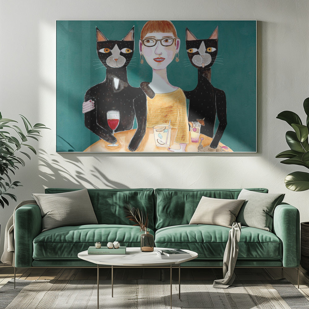 Dame mit ihren zwei schwarzen Katzen beim Trinken | Leinwand