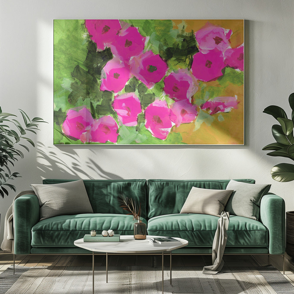 Leuchtend rosa Blüten und üppig grüne Blätter | Leinwand