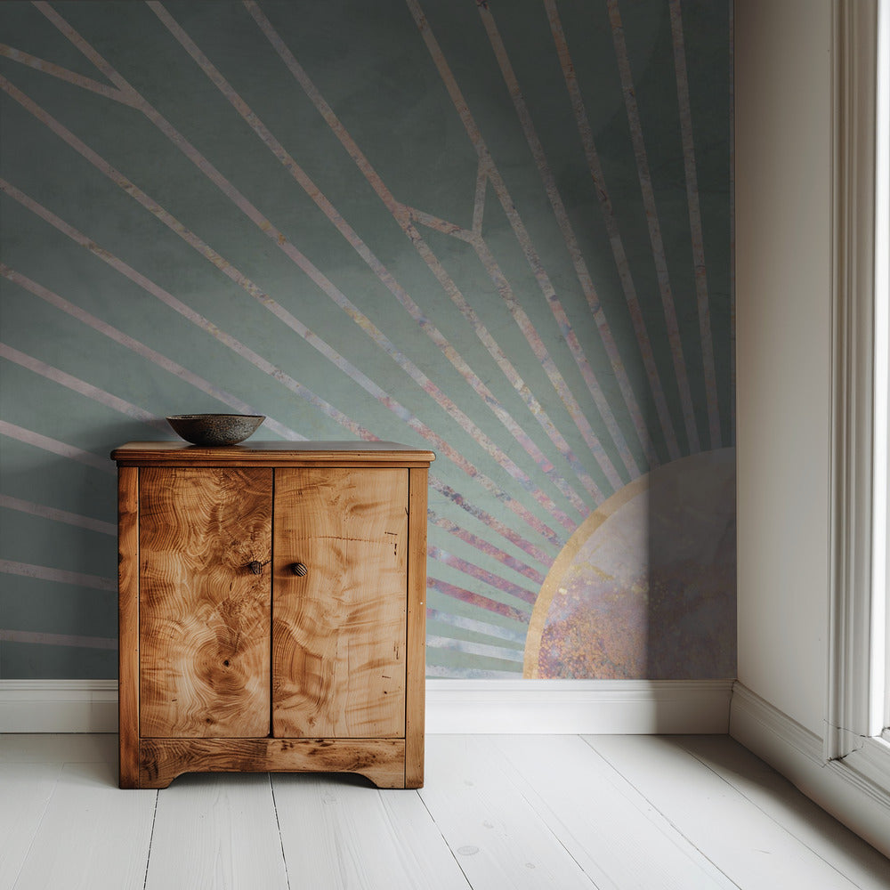 Gold geometric sun rays mural green | Wallpaper