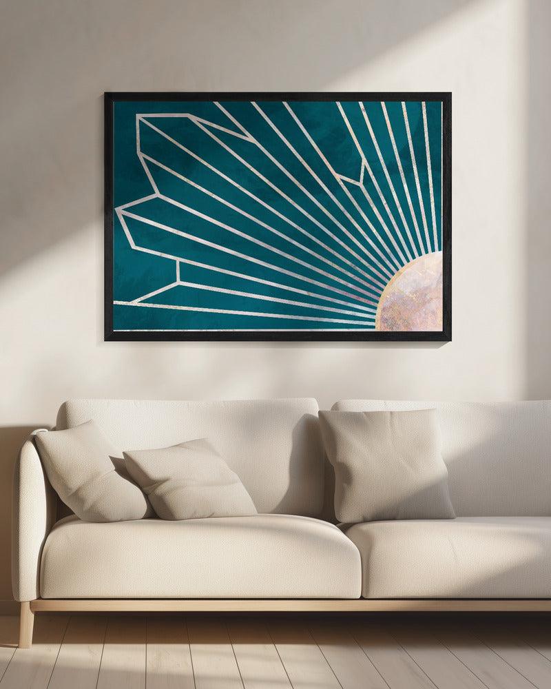 Goldene geometrische Sonnenstrahlen Wandbild türkis | Leinwand