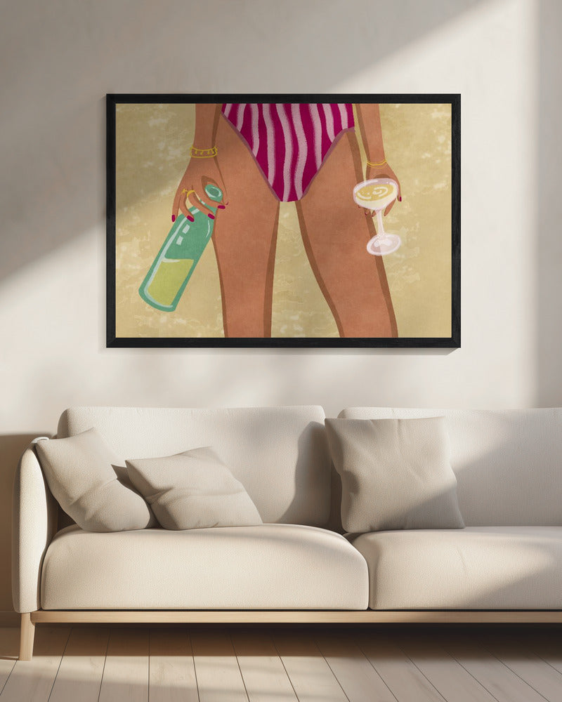 Mädchen mit Wein am Strand | Leinwand