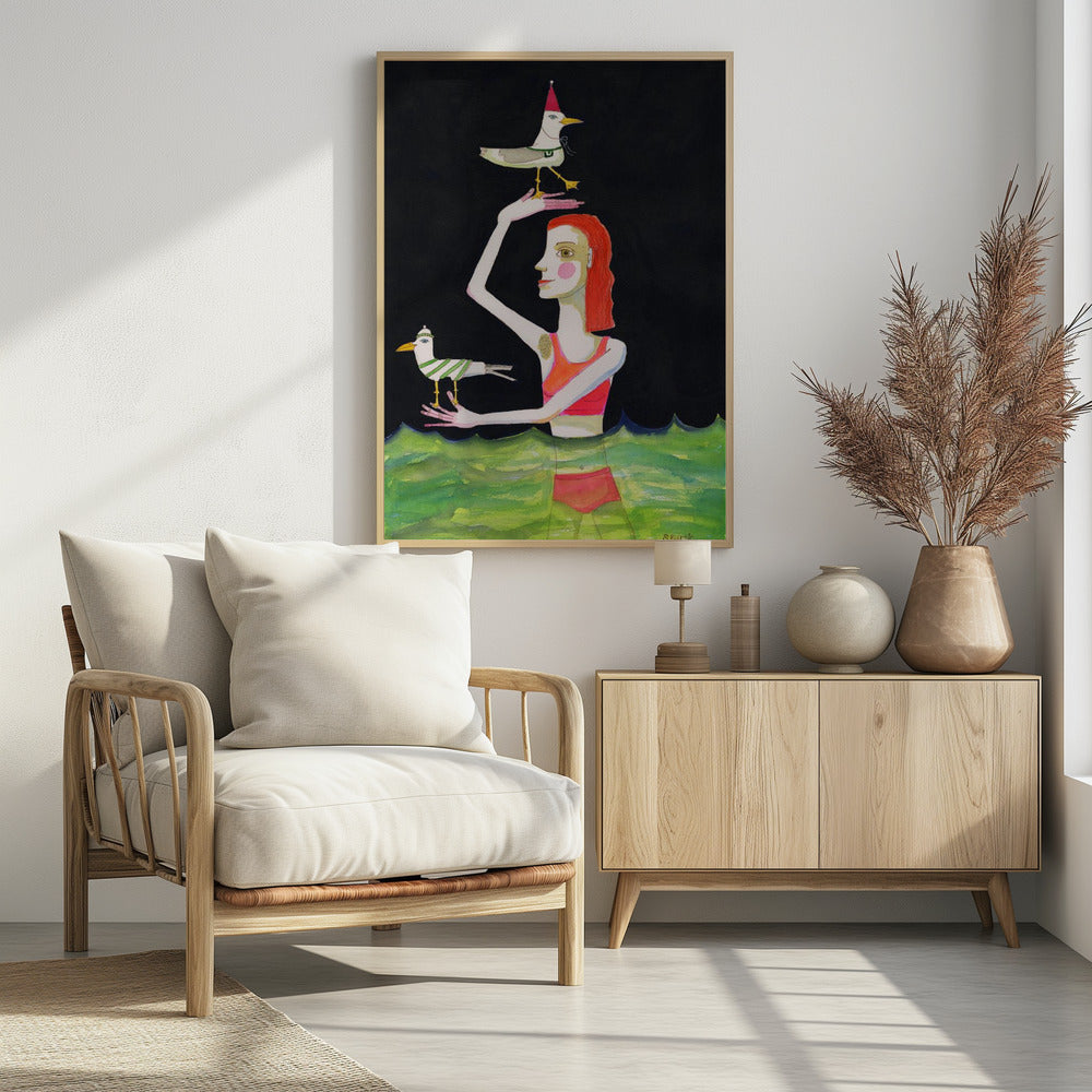 Schwimmende Dame mit Vögeln | Poster