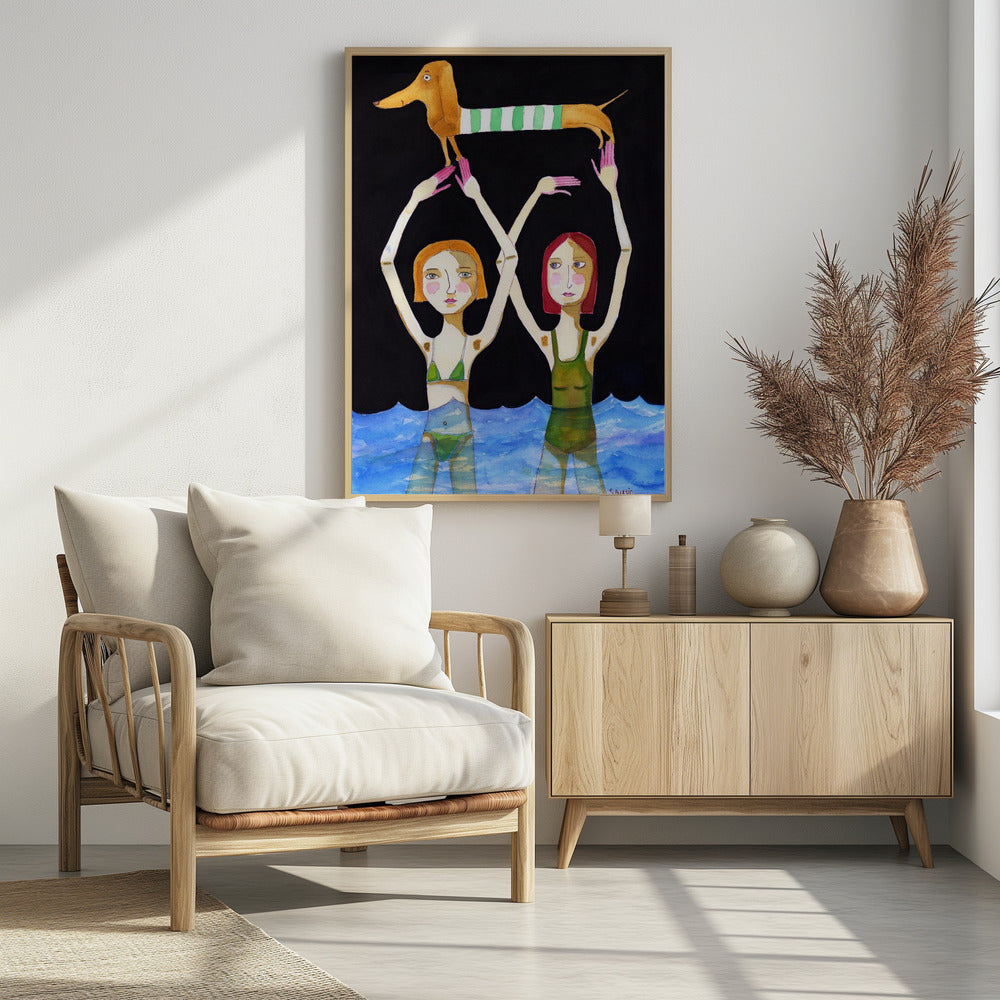Schwimmende Mädchen mit Dackel | Poster