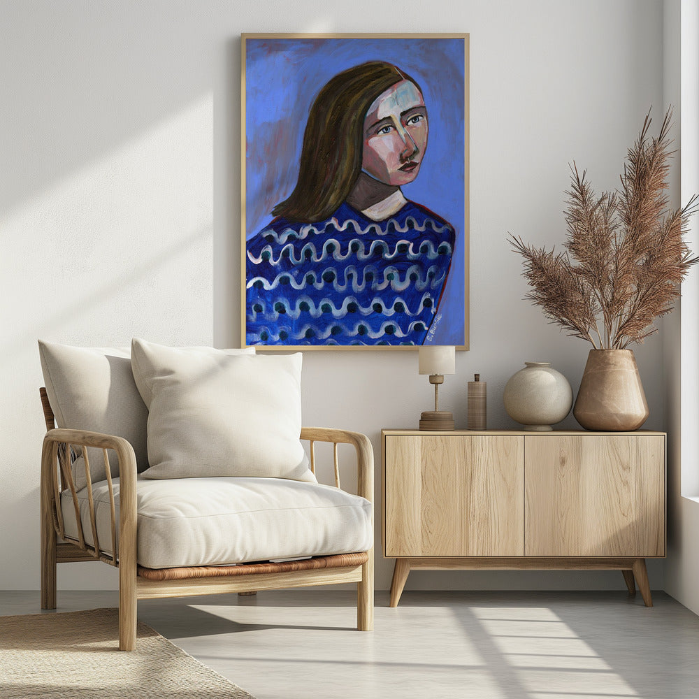 Frau im blauen Pullover Naives Porträt Figurativ | Poster
