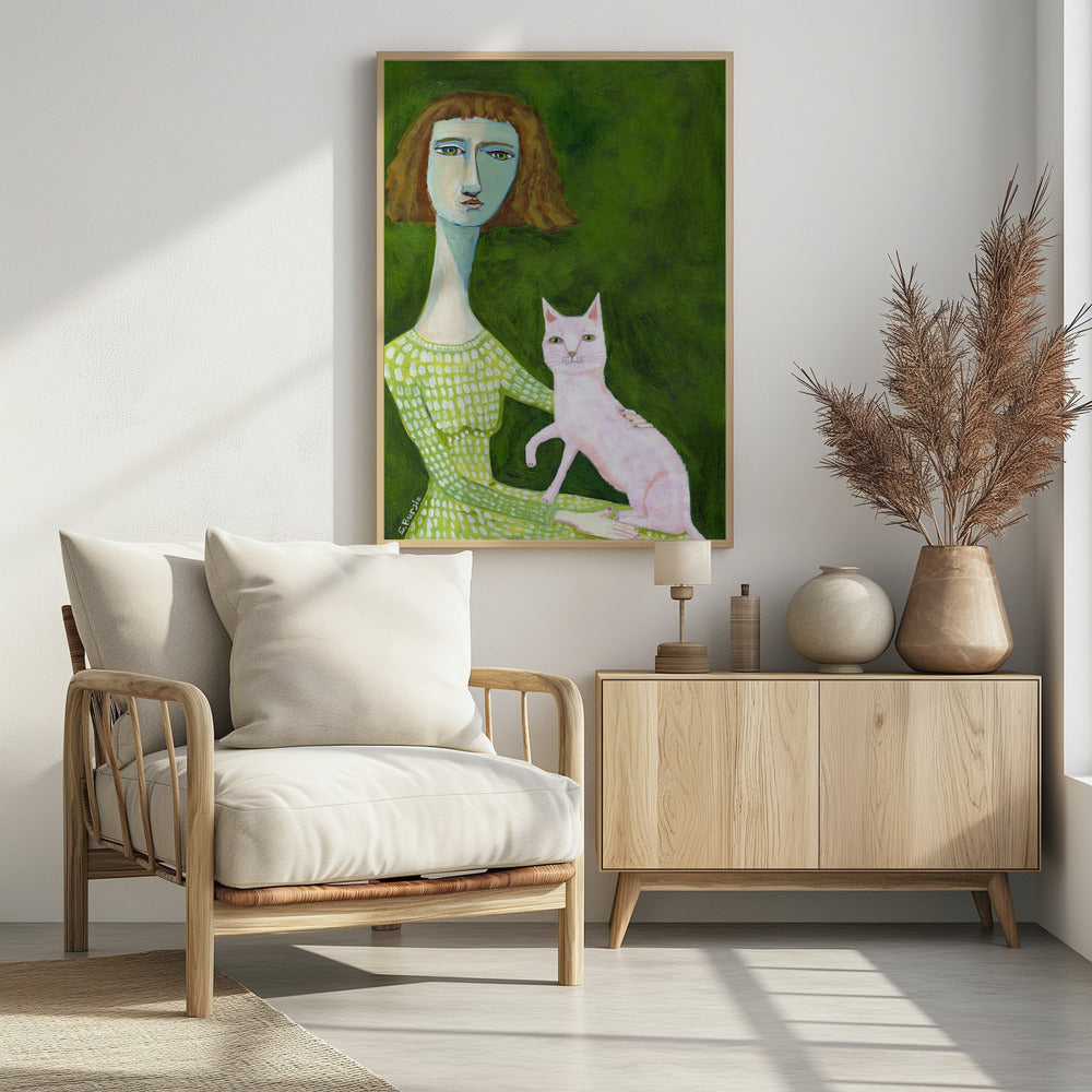 Katzendame mit rosa Katze | Poster
