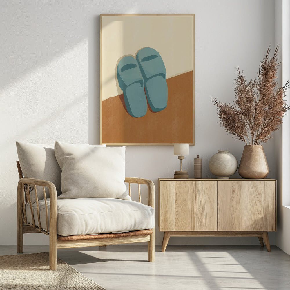 Blaue Hausschuhe auf braunem und beigem Hintergrund | Poster