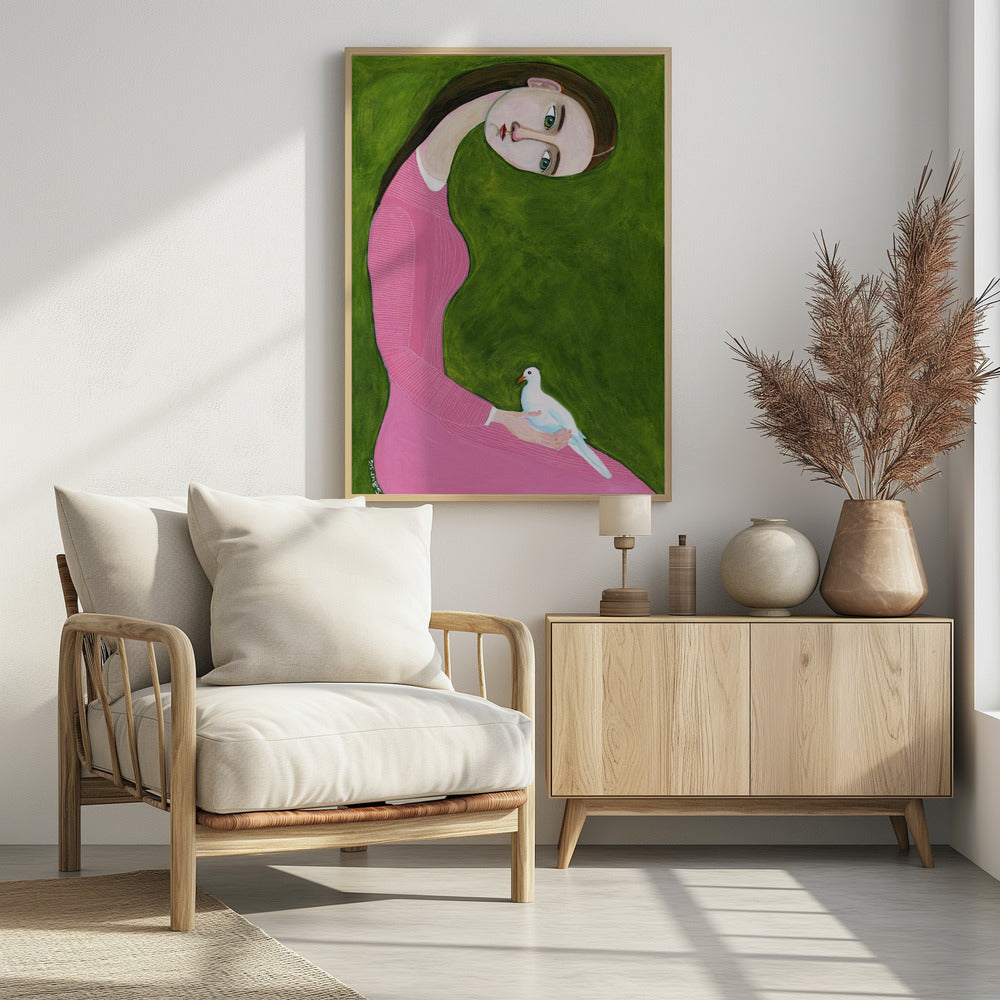 Mädchen mit Taube sitzend im rosa Kleid | Poster