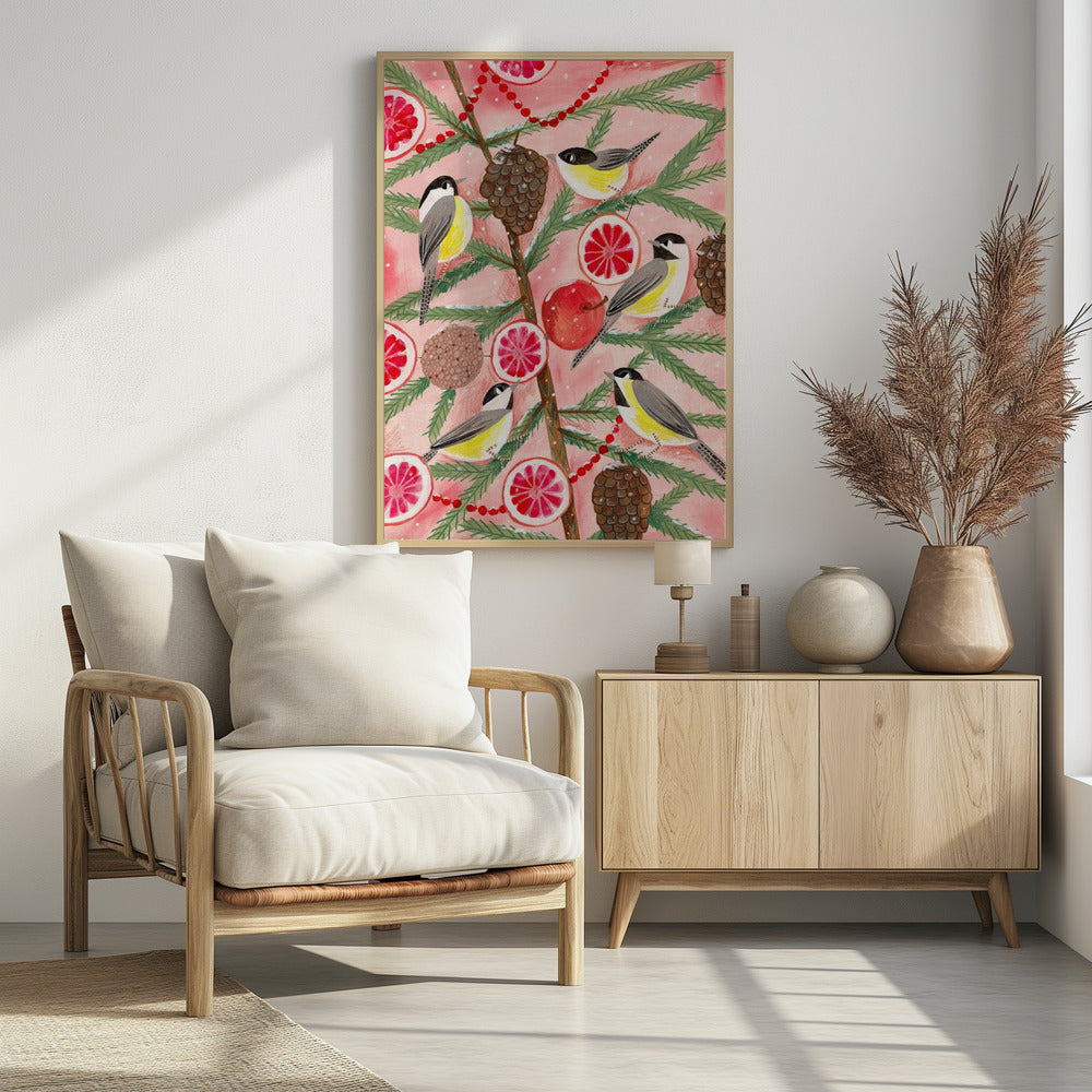 Winter birds Tits in the pine tree at Christmas | Poster
