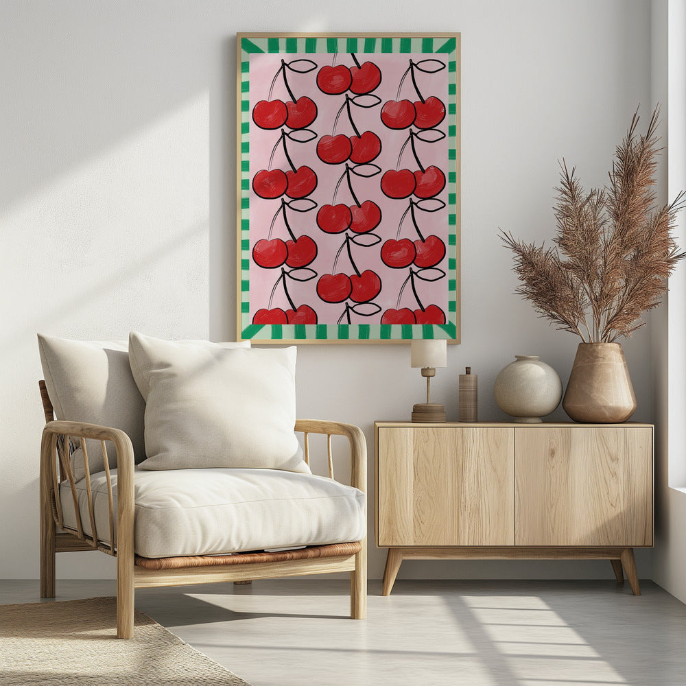 Rote Kirschen auf einem rosa | Poster