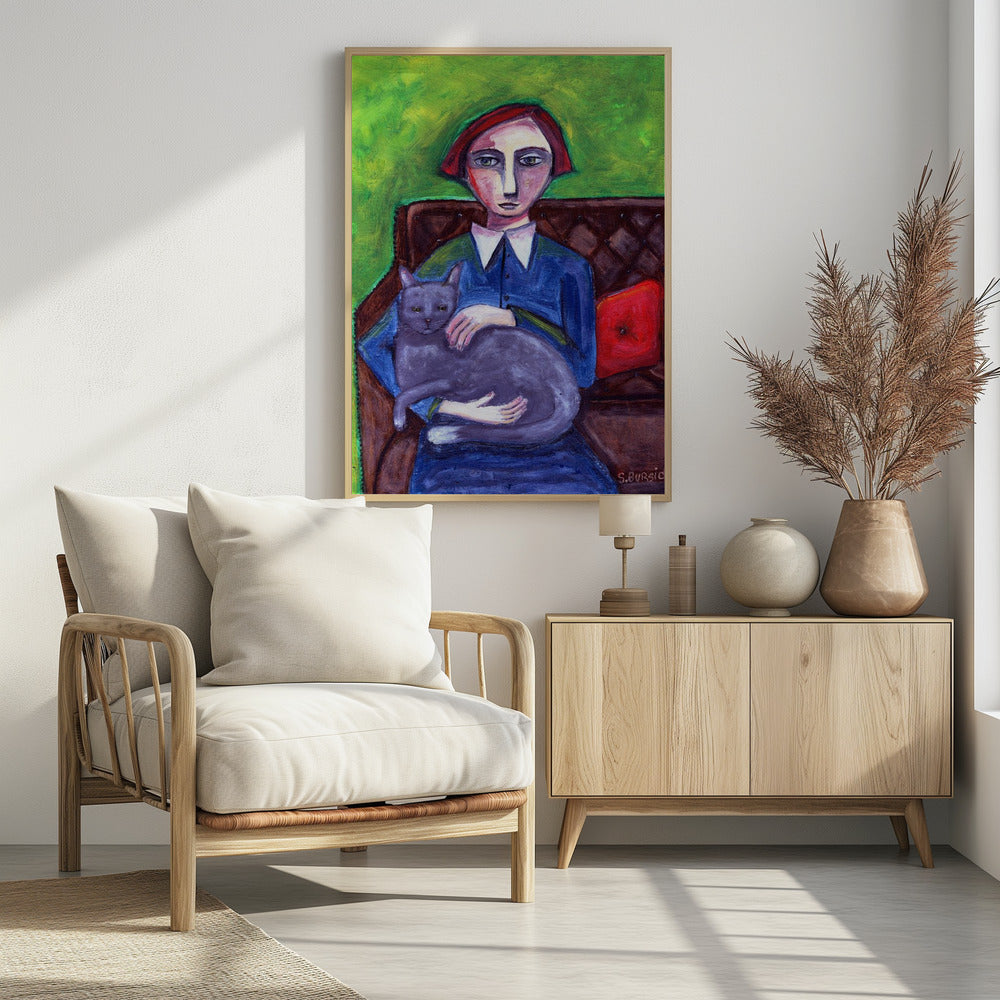 Dame auf der Couch mit Katze | Poster