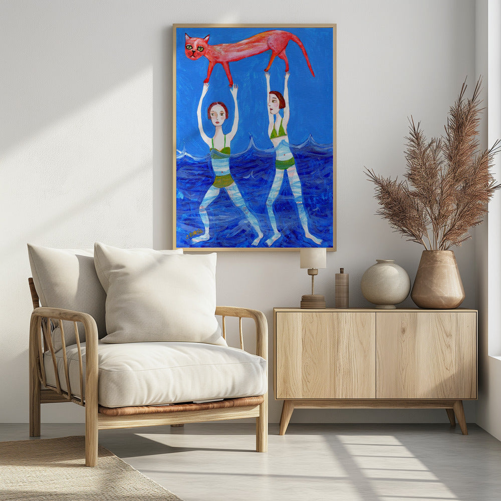 Zwei Schwimmer mit rosa Katze | Poster