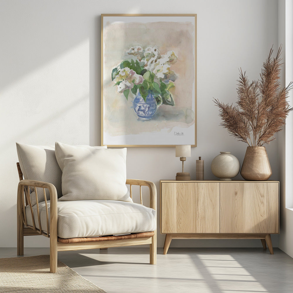 White lilacs in a vase watercolor. | Poster