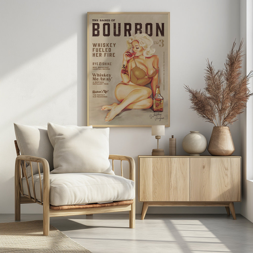 Bourbon Wandkunst. Sexy Vintage Pin-Up-Girl trinkt Whiskey | Poster