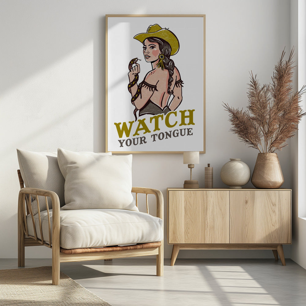 Watch Your Tongue Badass Pin-Up Cowgirl & Rattlesnake | Poster