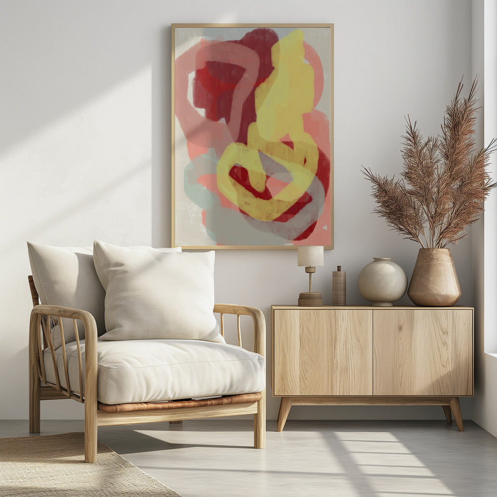 Abstrakte Malerei in Pastell. Gelb, Rot und Grau. | Poster
