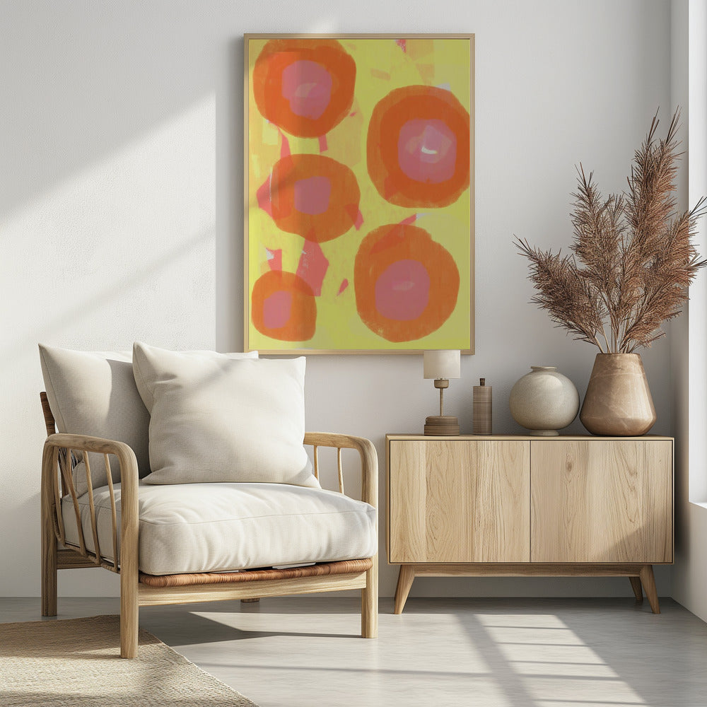Abstrakte Malerei. Boho-Rosen in Orange und Pink auf Gelb. | Poster