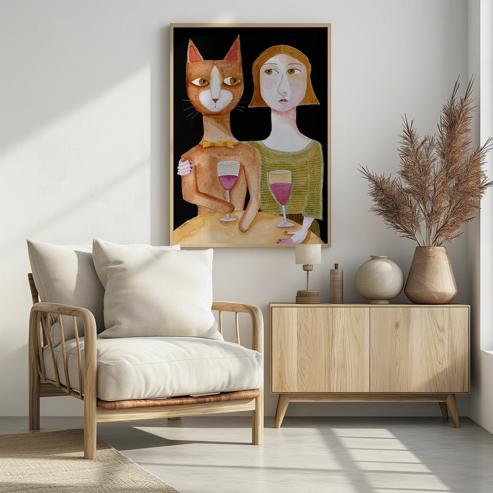Beste Freunde Katze und Dame trinken Wein | Poster
