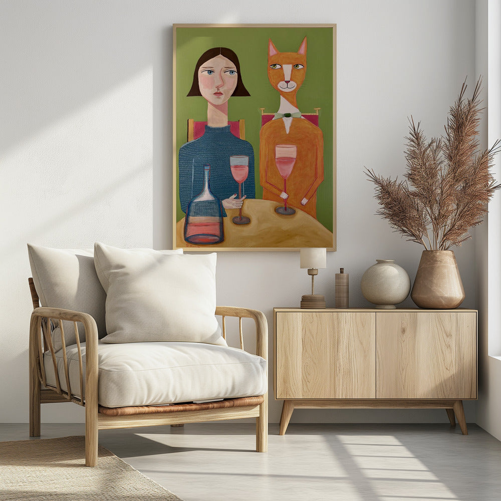 Dame und Katze trinken Wein | Poster