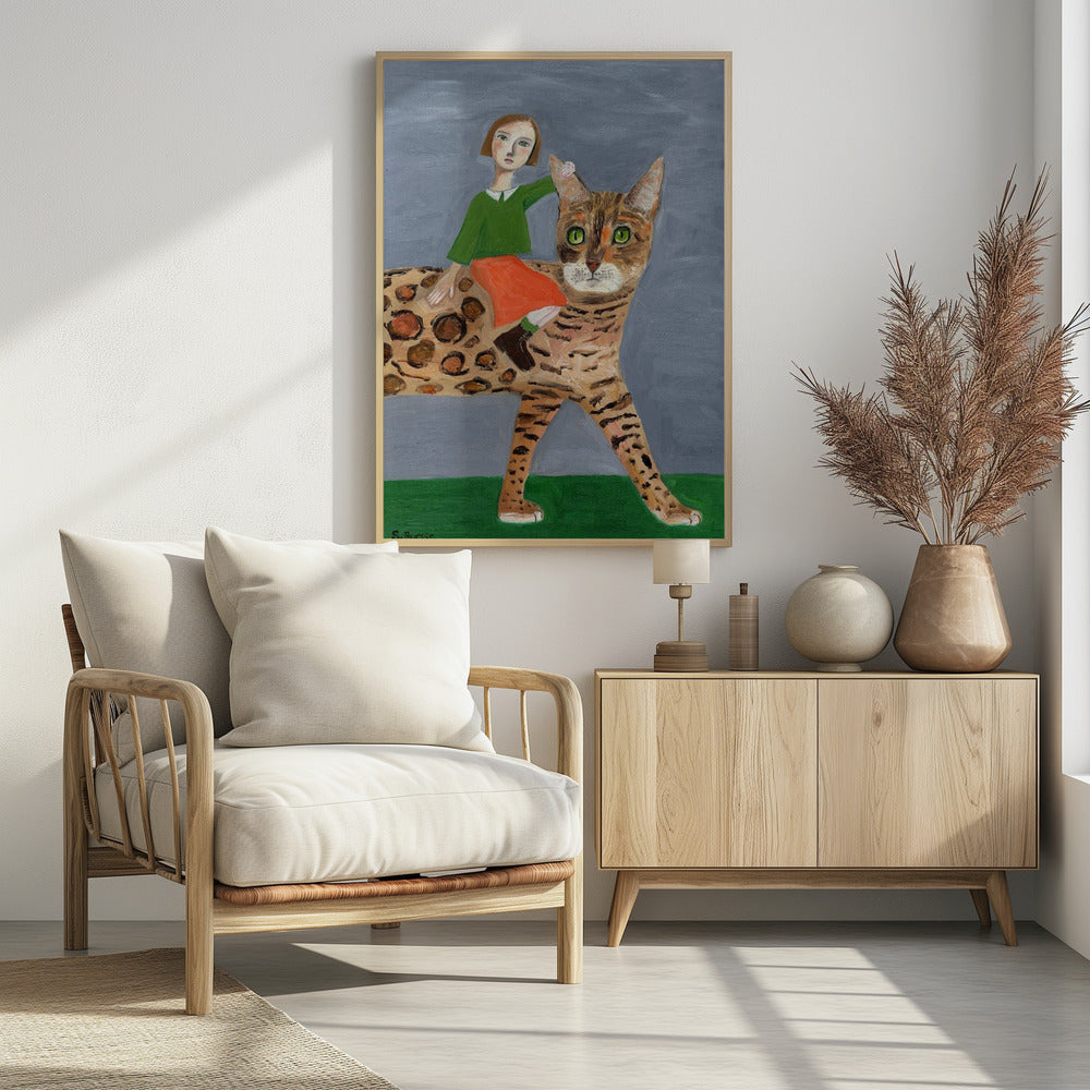 Mädchen auf Bengalkatze | Poster