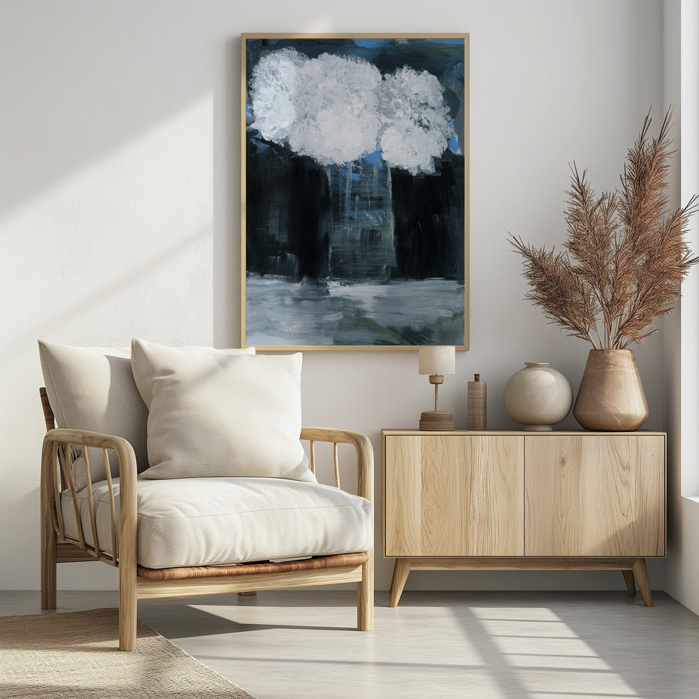 Weißer Schneeball-Viburnum in Vase auf schwarzem Hintergrund | Poster