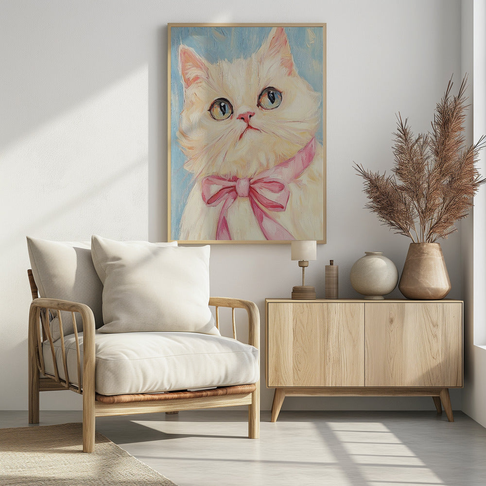 Rosa Schleife Weiße Katze | Poster