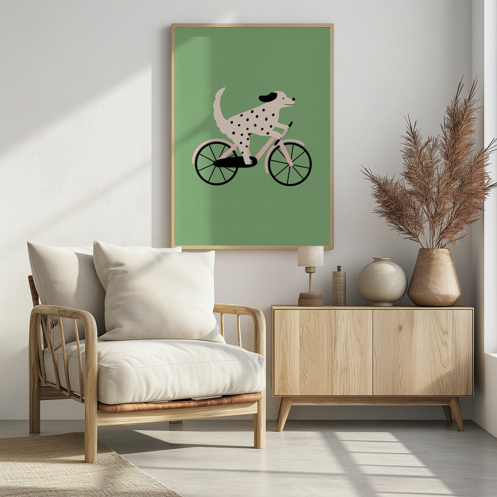 Gefleckter Hund beim Fahrradfahren | Poster