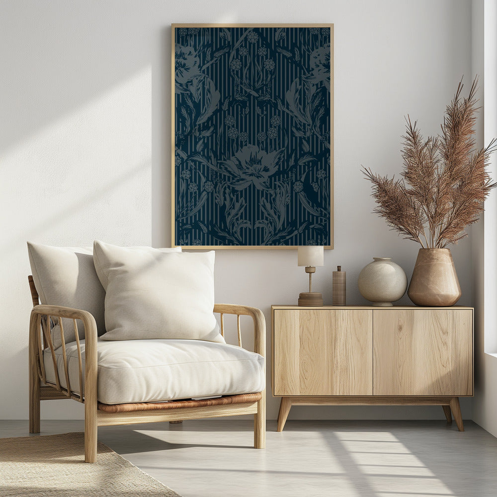 Floral Heritage Morris monochrome Streifen Mondschein blaues Muster | Poster