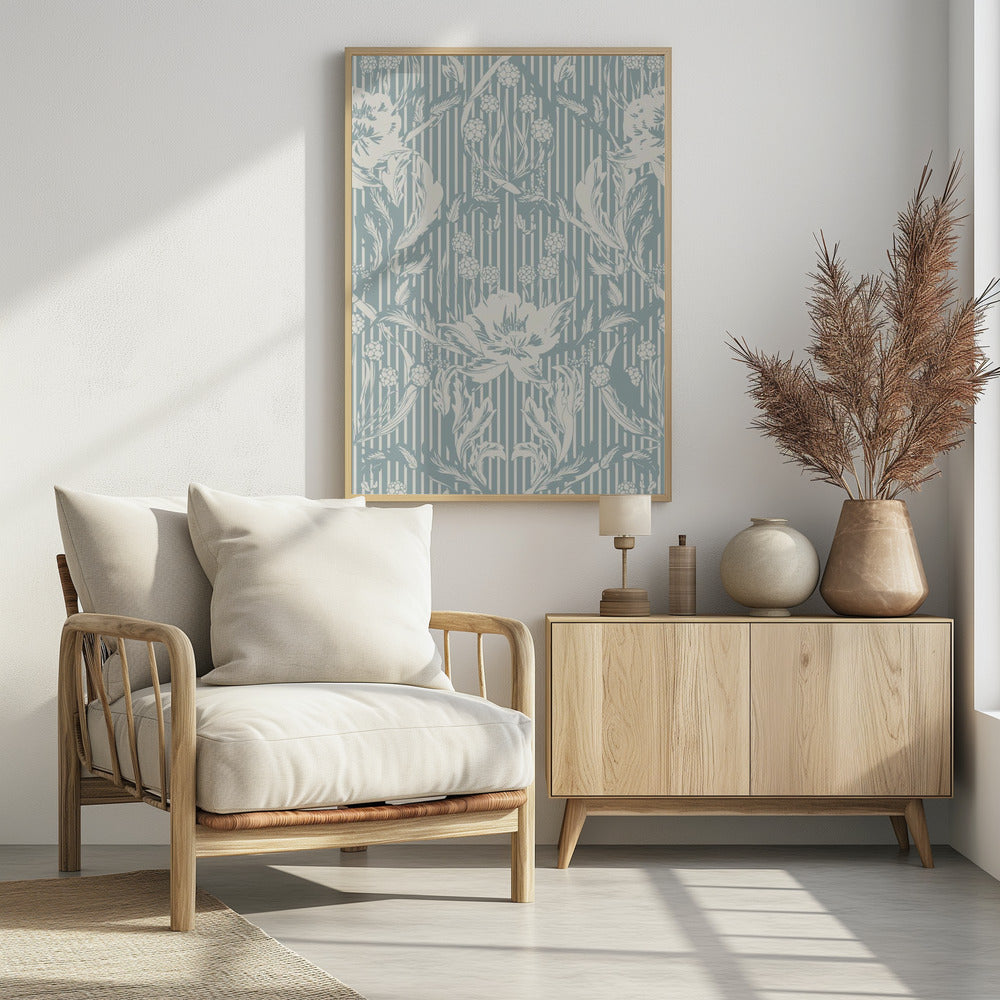 Floral Heritage Morris monochrome Streifen kreideblaues Muster | Poster