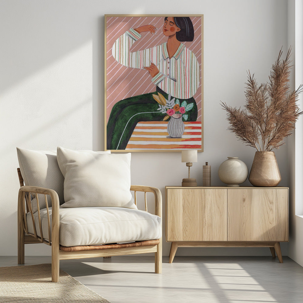 Frau in gestreiftem Hemd und grüner Hose | Poster