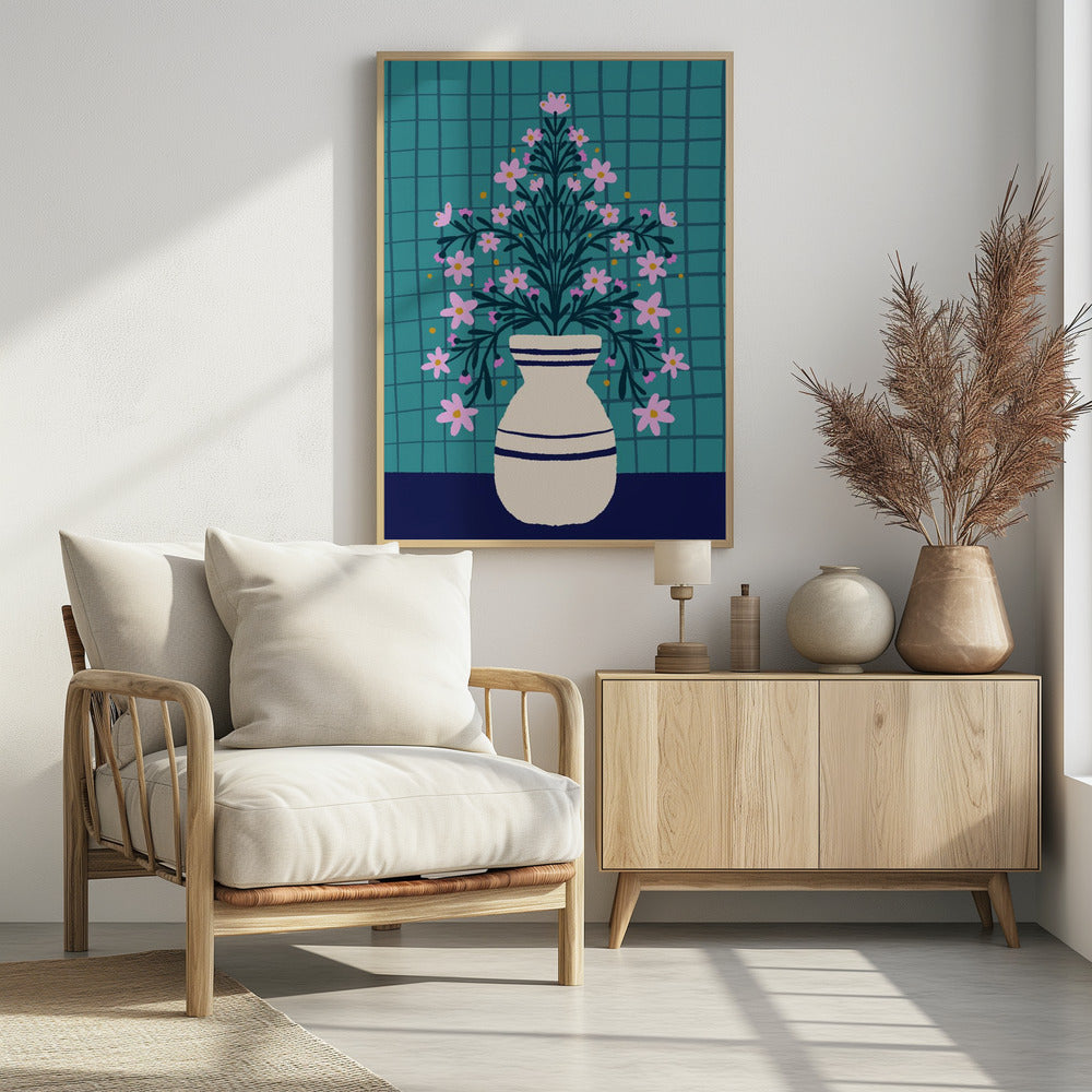 Türkisfarbene Blumen in einer Vase | Poster