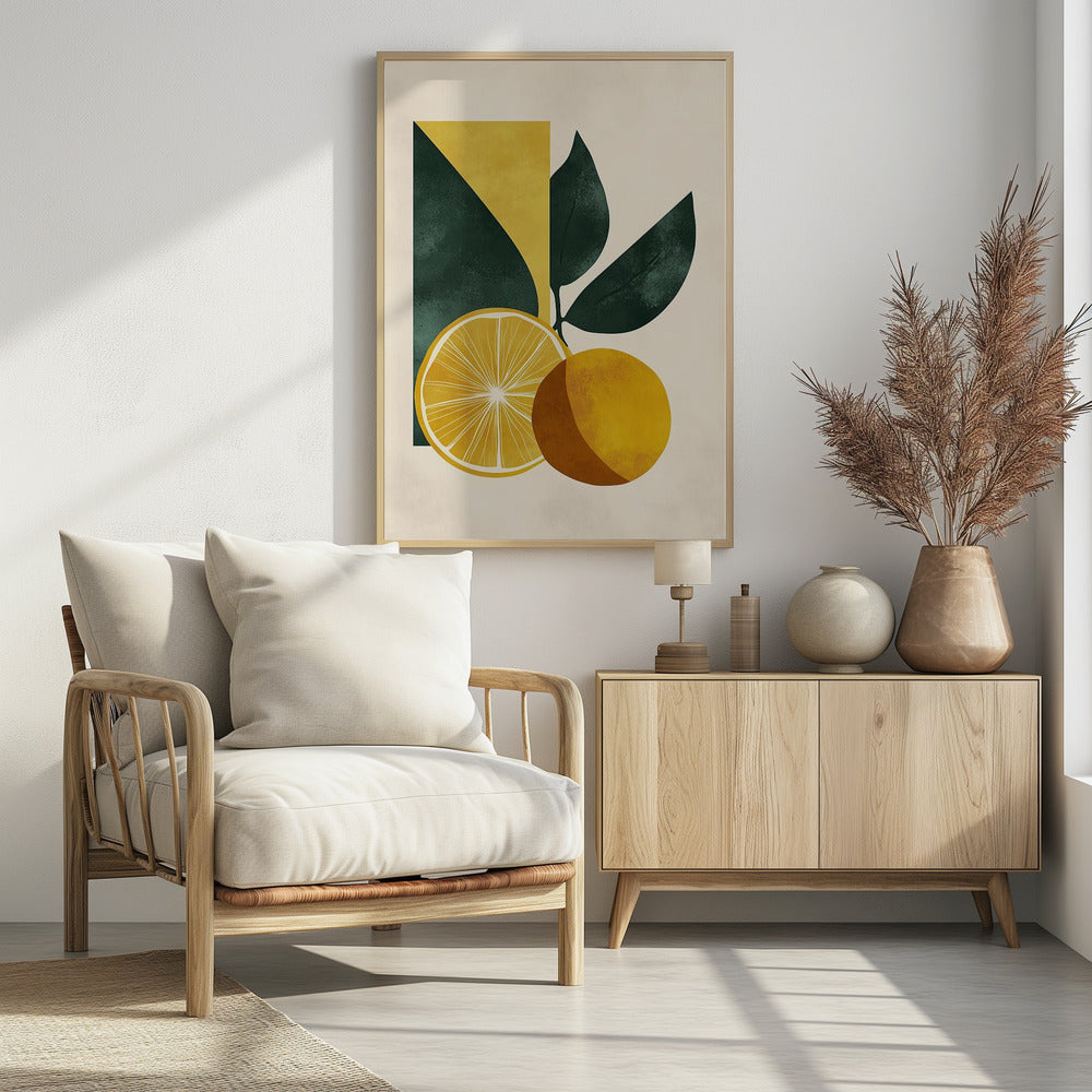Gelbe Zitrone mit grünen Blättern Serenity | Poster