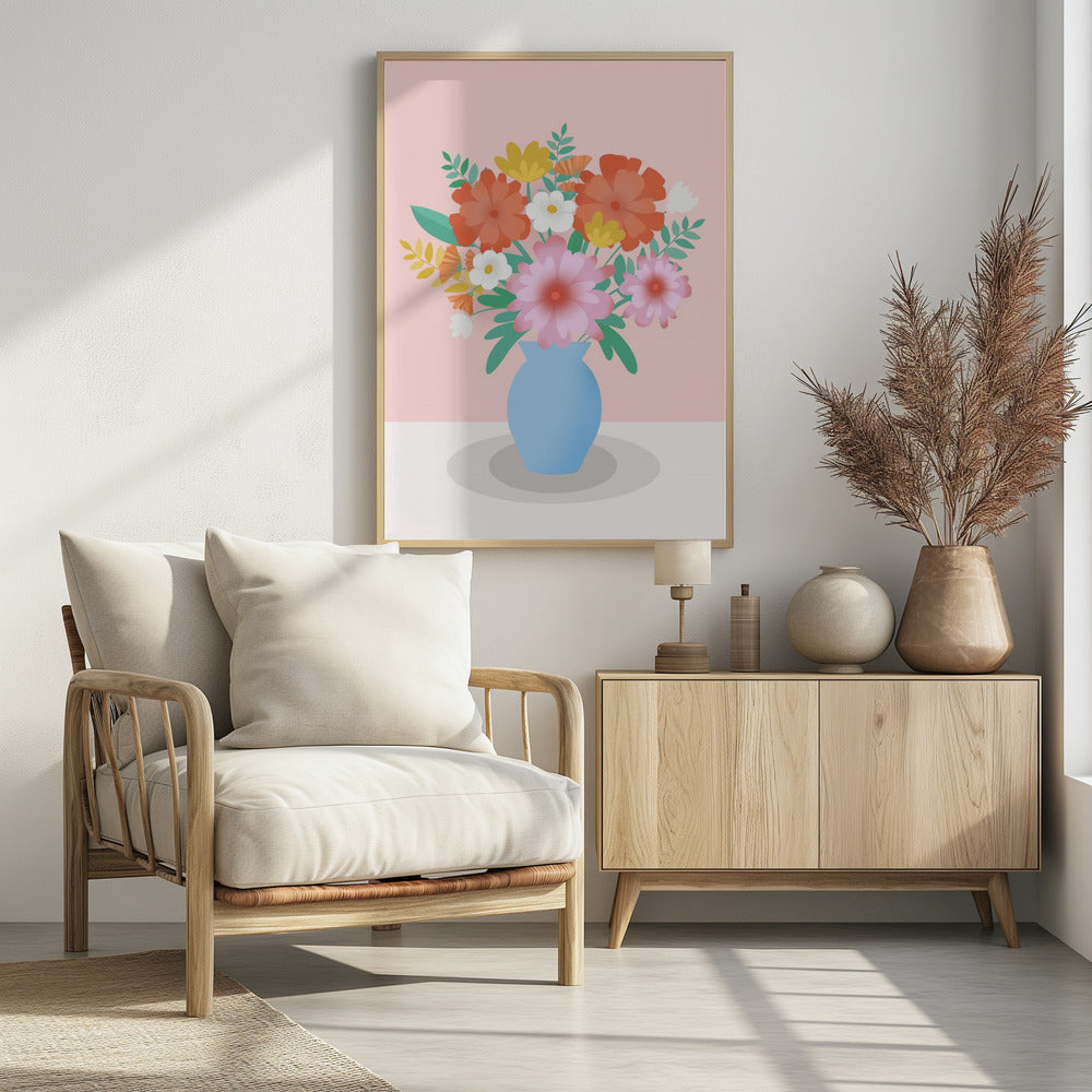 Lebendiger Blumenstrauß in einer blauen Vase | Poster