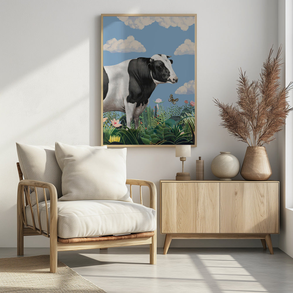 Farbenfrohe Porträts glücklicher Kühe (inkl. Schmetterling) | Poster