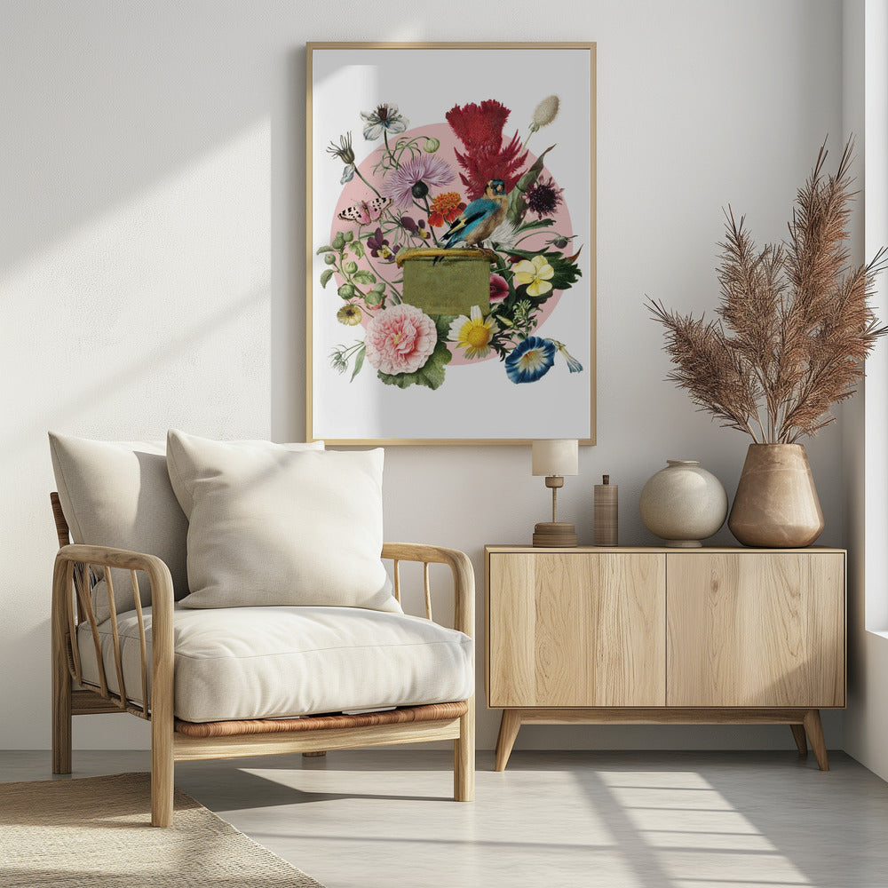 Bunter Vogel auf einer Kiste | Poster
